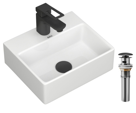 Раковина накладная со смесителем и выпуском (прямоугольная BAU Cerama Mini 33х28 + смеситель Dream Black, черный, выпуск)