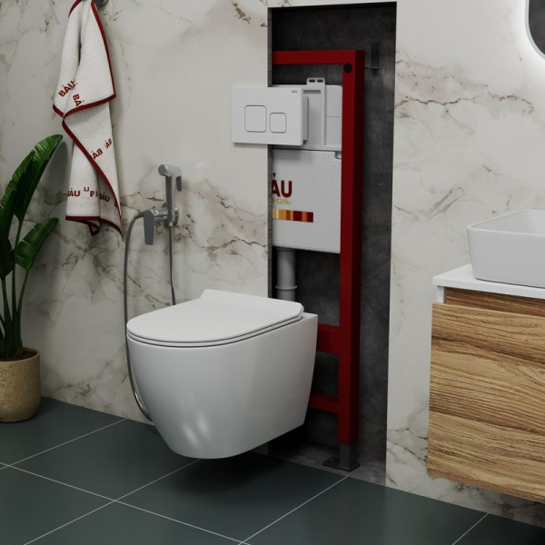 Комплект BAU 6 в 1: инсталляция BAU PRO, унитаз подвесной безободковый Bau Dream PRO-2, сиденье быстросъемное микролифт, кнопка смыва BAU Soul, белая