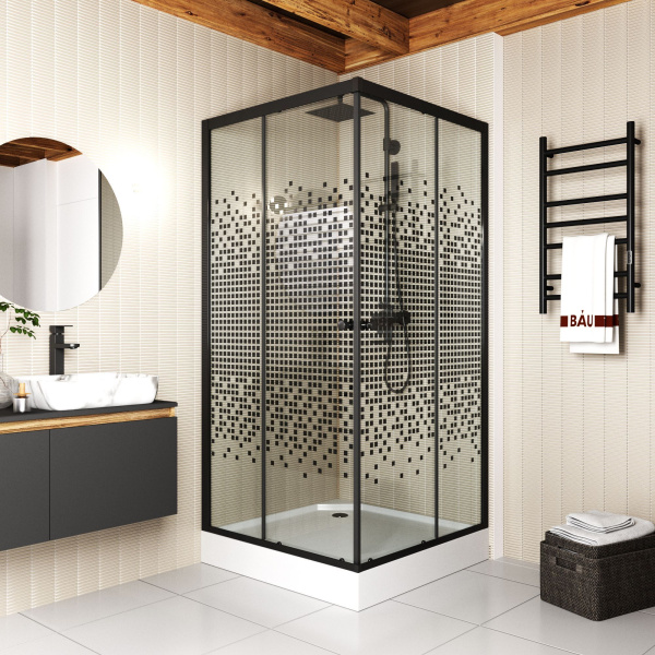 Душевой уголок BAU Stil квадратный с поддоном 90x90х195, прозрачное закаленное стекло с черным рисунком 5 мм, черный матовый профиль