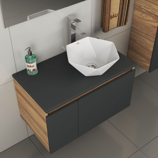 Комплект для ванной, 4 предмета (тумба Bau 80, графит + раковина на столешницу BAU Crystal 40х40 + смеситель Hotel Still, выпуск клик-клак, хром)