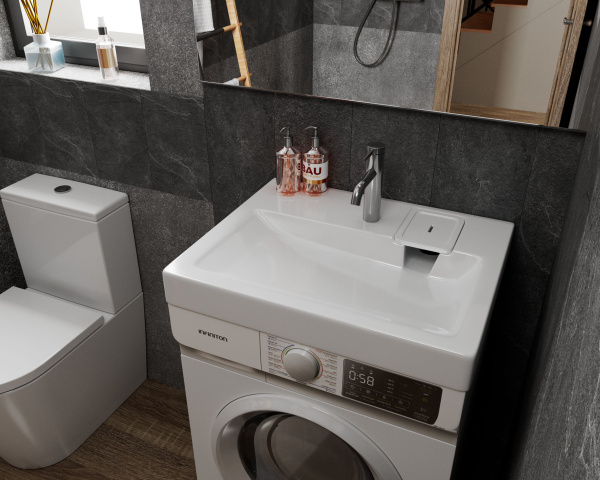 Раковина над стиральной машиной BAU Hotel 60х55, литьевой мрамор в комплекте с кронштейнами и сифоном , белый глянец