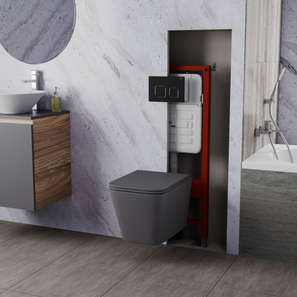 Комплект BAU 6 в 1: усиленная инсталляция BAU IDEAL, унитаз подвесной безободковый торнадо обратного потока Bau Stil Hurricane-2 темно-серый матовый, сиденье микролифт, клавиша BAU Strike, черная