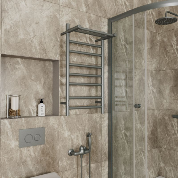 Полотенцесушитель электрический с полкой Маргроид BAU В10 40х80 Gun Grey П7 темно-серый металлик с таймером с таймером слева