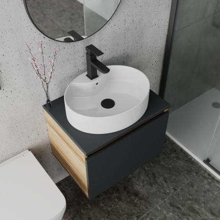 Комплект для ванной, 4 предмета (Тумба подвесная Blackwood 60 графит + Раковина BAU 51х41, с отв. под см-ль + Смеситель Hotel Black, выпуск черный)