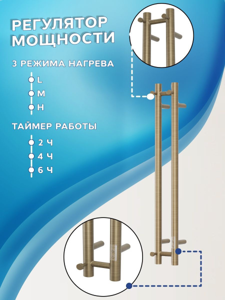 Полотенцесушитель дизайнерский электрический, профильный BAU Stella 8х80, 2 коллектора, 3 крючка (Состаренная бронза полуглянец DB-0073)