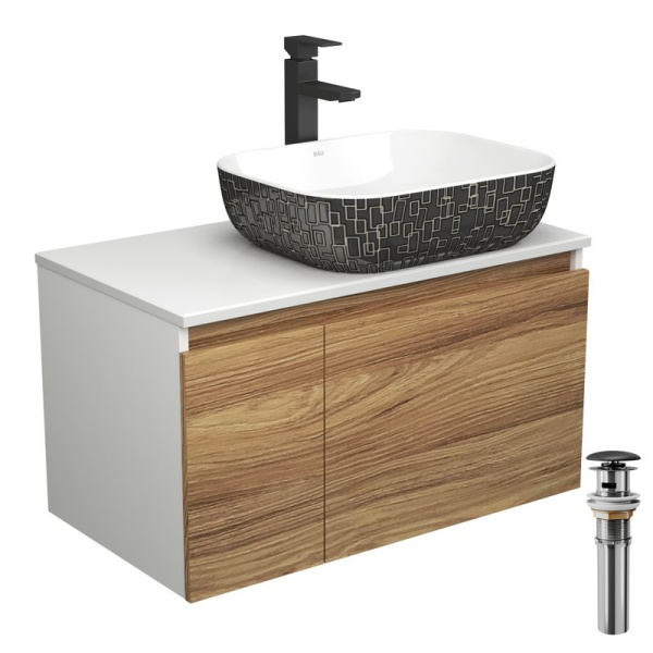 Комплект для ванной, 4 предмета (тумба Bau Dream 80 + раковина BAU 50х40, белая/черная + смеситель Hotel Black, выпуск клик-клак, черный)