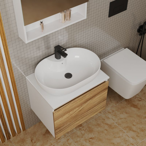 Комплект для ванной, 4 предмета (Тумба подвесная Bau Blackwood 60 + Раковина BAU 60х42, с отв. под см-ль + Смеситель Cerama Black, выпуск черный)