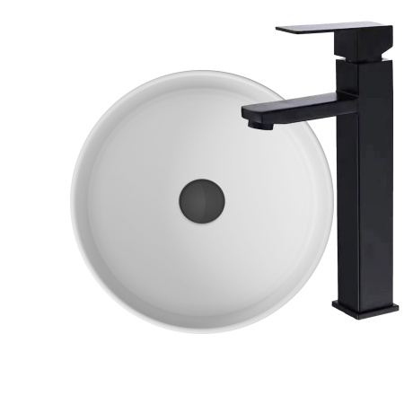 Раковина накладная со смесителем (BAU Dream круглая D41, белая + смеситель для раковины высокий Hotel Black, черный)