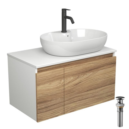 Комплект для ванной, 4 предмета (Тумба подвесная Bau Blackwood 80 + Раковина BAU 60х42, с отв. под см-ль + Смеситель Dream Black, выпуск черный)