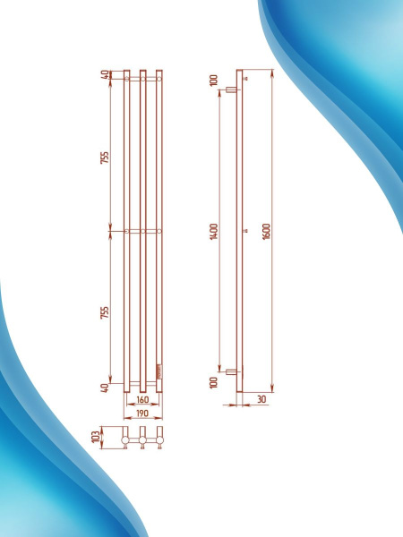 Полотенцесушитель дизайнерский электрический, профильный BAU Stella 12х160, 3 коллектора, 6 крючков (Чёрный матовый DB-0062)