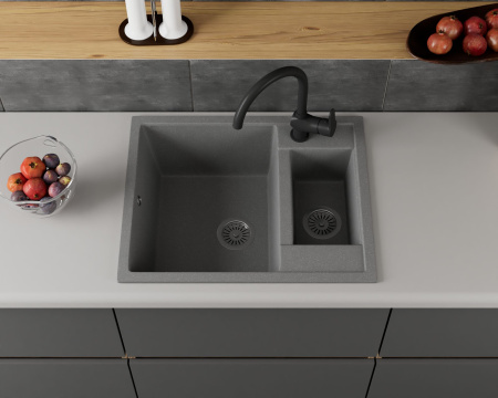 Мойка для кухни оборачиваемая, полуторная чаша BAU Stil Gray stone 60х50, выпуск с сифоном в комплекте, серый камень