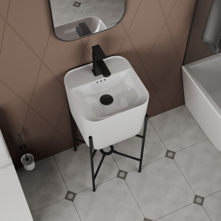 Раковина напольная с металлическими ножками и выпуском (BAU Soul белая + смеситель Hotel Black, выпуск клик-клак черный)