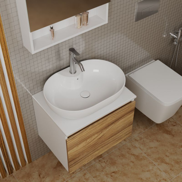 Комплект для ванной, 4 предмета (Тумба подвесная Bau Blackwood 60 + Раковина BAU 60х42, с отв. под см-ль + Смеситель Dream, нерж. сталь, выпуск белый)