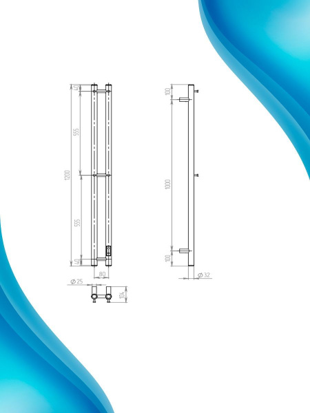 Полотенцесушитель дизайнерский электрический, профильный BAU Stella 8х120, 2 коллектора, 4 крючка (Состаренная бронза полуглянец DB-0069)