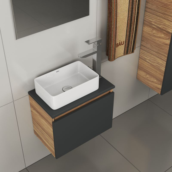 Комплект для ванной, 4 предмета (тумба Bau 50, графит + раковина BAU Hotel mini 37х23 + смеситель Hotel Still, выпуск клик-клак, хром)
