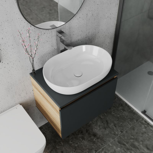 Комплект для ванной, 4 предмета (Тумба подвесная Bau Blackwood 60 графит + Раковина BAU 59х40 + Смеситель Hotel Still, нерж. сталь, выпуск белый)