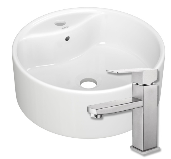 Раковина накладная со смесителем круглая BAU Element D40, белая + смеситель Hotel Still, нержавеющая сталь