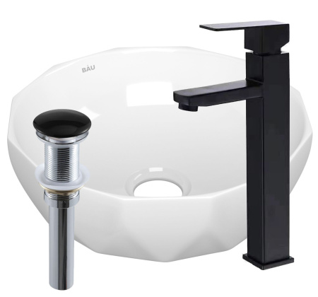 Раковина накладная со смесителем и выпуском (на столешницу BAU Diamond D40, белая + смеситель Hotel Black, черный, выпуск клик-клак черный)