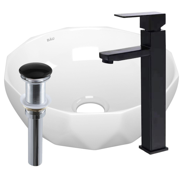 Раковина накладная со смесителем и выпуском (на столешницу BAU Diamond D40, белая + смеситель Hotel Black, черный, выпуск клик-клак черный)