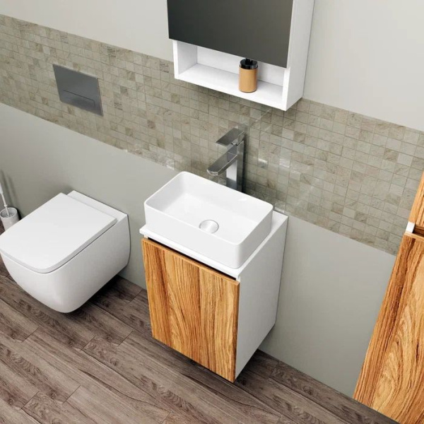 Комплект для ванной, 4 предмета (Тумба Bau Dream Blackwood 40, раковина BAU Mini 38х24, смеситель для раковины высокий Hotel Still, нержавеющая сталь, выпуск клик клак, белый)