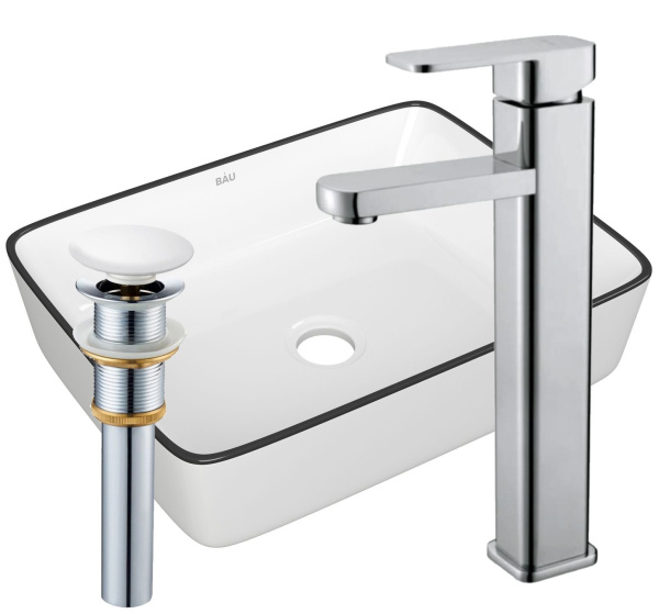 Раковина накладная со смесителем и выпуском (прямоугольная BAU Hotel 48х37, белая + смеситель Hotel Still, нер. сталь, выпуск клик-клак белый)
