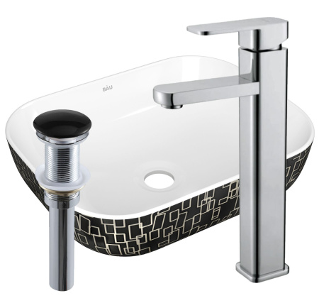 Раковина накладная со смесителем и выпуском (прямоугольная BAU Stil 50х40, белая/черная + смеситель Hotel Still, нер. сталь, выпуск клик-клак черный)