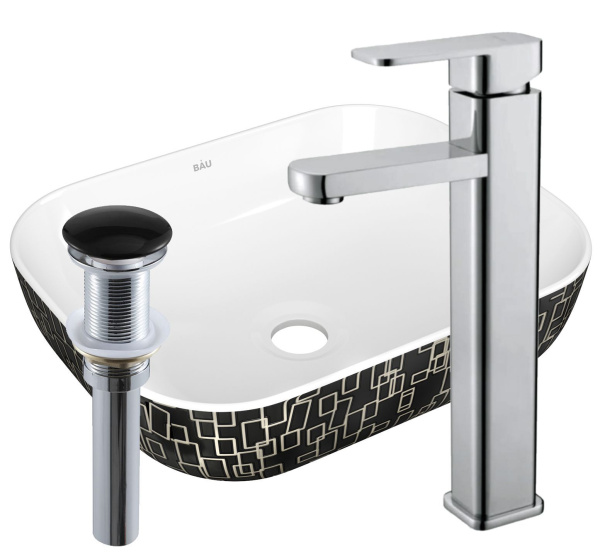 Раковина накладная со смесителем и выпуском (прямоугольная BAU Stil 50х40, белая/черная + смеситель Hotel Still, нер. сталь, выпуск клик-клак черный)