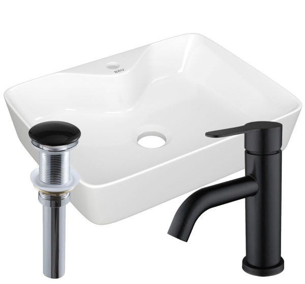 Раковина накладная прямоугольная BAU 48х37, с отв. под смеситель, белая + смеситель Dream Black и выпуск клик-клак черный