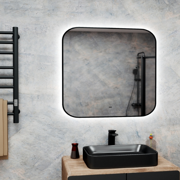 Зеркало Bau Black Rand 80х70, с LED фоновой подсветкой, бесконтактным сенсором, черной окантовкой