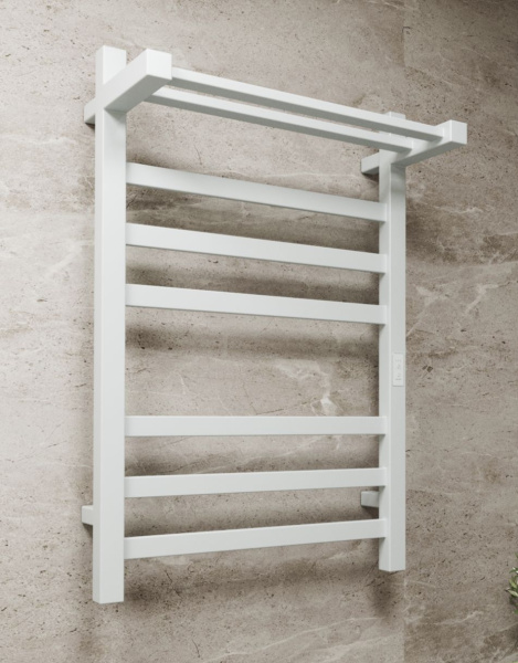 Полотенцесушитель электрический профильный с полкой BAU Hotel Shelf 50х80, 6 планок, универсальный, белый полуматовый