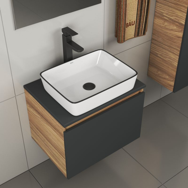 Комплект для ванной, 4 предмета (тумба Bau 60, графит + раковина BAU Hotel Black Rand 48х37 + смеситель Hotel Black, выпуск клик-клак, черный)