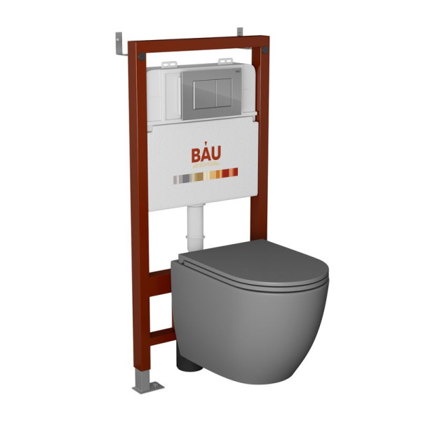 Комплект BAU 6 в 1: инсталляция BAU PRO, унитаз подвесной торнадо обратного потока Bau Dream Hurricane-2, сиденье дюропласт микролифт, темно-серый матовый, клавиша BAU Stil, хром