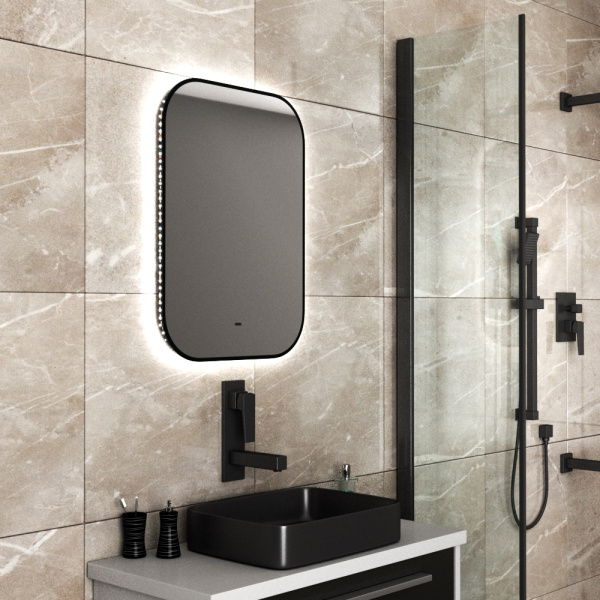 Зеркало Bau Black Rand 50х70, с LED фоновой подсветкой, бесконтактным сенсором, черной окантовкой