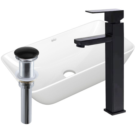 Раковина накладная со смесителем и выпуском (прямоугольная BAU Spectrum mini 47х24, белая + смеситель Hotel Black, черный, выпуск клик-клак черный)