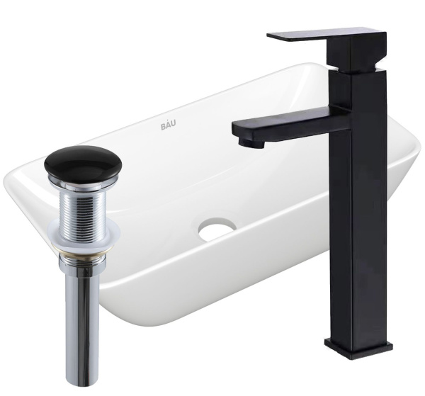 Раковина накладная со смесителем и выпуском (прямоугольная BAU Spectrum mini 47х24, белая + смеситель Hotel Black, черный, выпуск клик-клак черный)