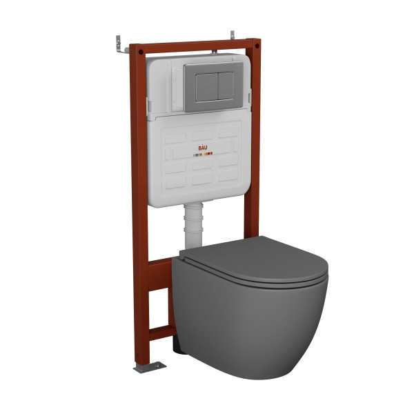 Комплект BAU 6 в 1: усиленная инсталляция BAU IDEAL унитаз подвесной безободковый торнадо обратного потока Bau Dream Hurricane2 темно-серый матовый, сиденье микролифт, клавиша BAU Light антивандальная