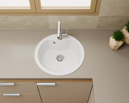 Мойка для кухни BAU Dream White snow D 51, выпуск с сифоном в комплекте, белый снег