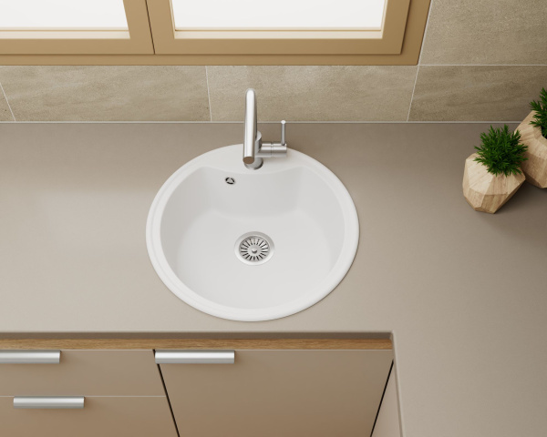 Мойка для кухни BAU Dream White snow D 51, выпуск с сифоном в комплекте, белый снег