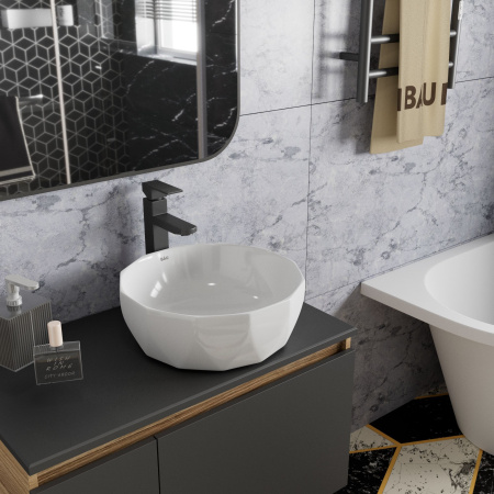 Раковина накладная со смесителем и выпуском (на столешницу BAU Diamond D40, белая + смеситель Hotel Black, черный, выпуск клик-клак черный)