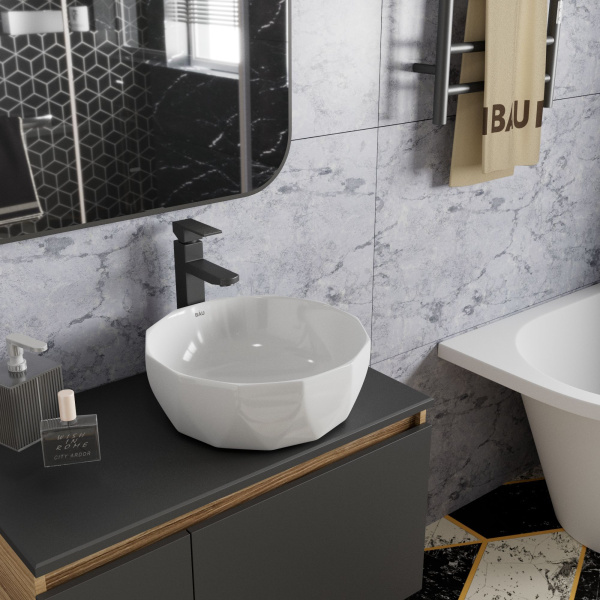 Раковина накладная со смесителем (на столешницу BAU Diamond D40, белая + смеситель высокий Hotel Black, черный)