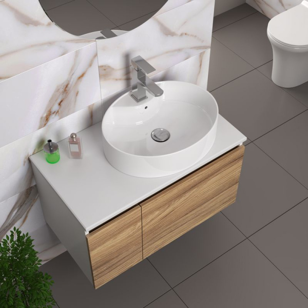 Комплект для ванной, 4 предмета (Тумба подвесная Bau Blackwood 80 + Раковина BAU 51х41, с отв. под см-ль, Смеситель Hotel Still, нерж. сталь, выпуск)