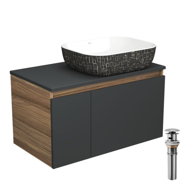 Тумба с раковиной и выпуском (тумба Bau Dream 80, графит + раковина санфаянс накладная BAU Stil Black White 50х40, выпуск клик-клак, хром)