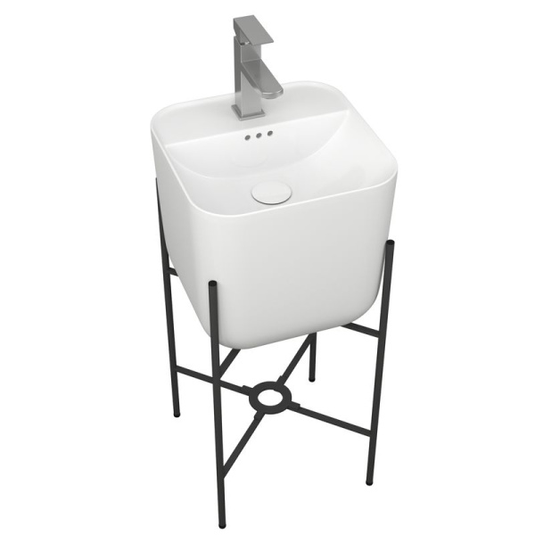 Раковина напольная с металлическими ножками и выпуском (BAU Soul белая + смеситель Hotel Still, выпуск клик-клак белый)