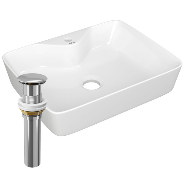 Раковина прямоугольная накладная BAU Cerama 48х37, с отверстием под смеситель, белая + выпуск клик-клак, хром