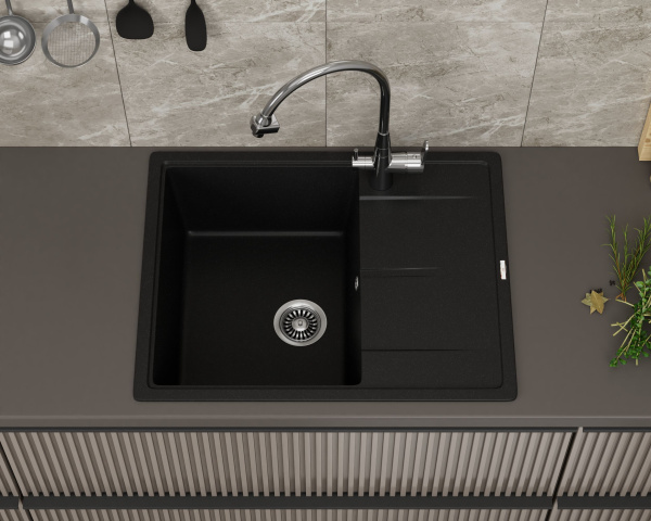 Мойка для кухни врезная кварцевая в комплекте с сифоном BAU Stil Anthracite 65х51, антрацит
