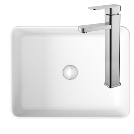 Раковина со смесителем (Умывальник на столешницу BAU Hotel прямоугольный 48х37, белая, смеситель высокий Potato Hotel, хром)