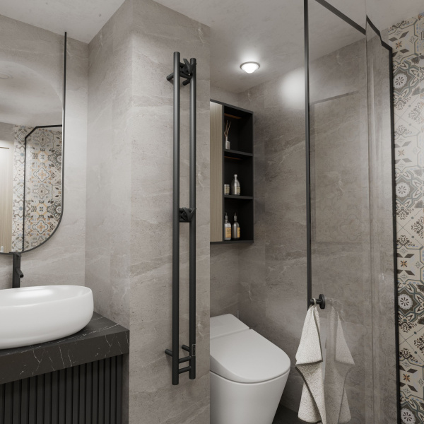 Полотенцесушитель дизайнерский электрический, BAU Stella 10х160, 2 коллектора, 2 крючка, черный матовый RAL 9005