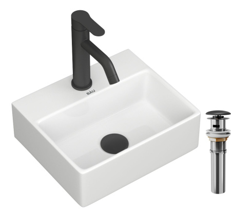 Раковина накладная со смесителем и выпуском (прямоугольная BAU Cerama Mini 33х28 + смеситель Dream, нержавеющая сталь, выпуск)