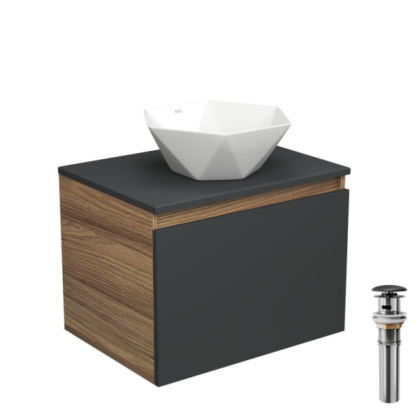 Тумба с раковиной и выпуском (тумба Bau Dream 60, графит + раковина накладная на столешницу BAU Crystal 40х40, выпуск клик-клак, черный)