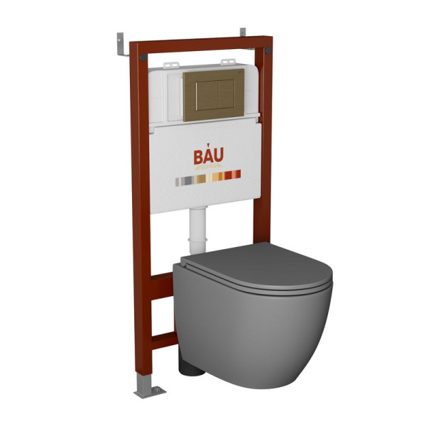 Комплект BAU 6 в 1: инсталляция BAU PRO, унитаз подвесной безободковый торнадо обратного потока Bau Dream 52х36 Hurricane-2, сиденье дюропласт микролифт, кнопка смыва BAU Stil, бронза